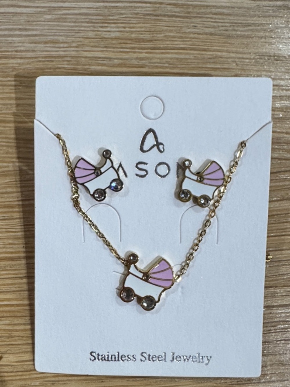 ASOS Kids Gold Tone Necklace & Earring Set with Pink Pram Charms